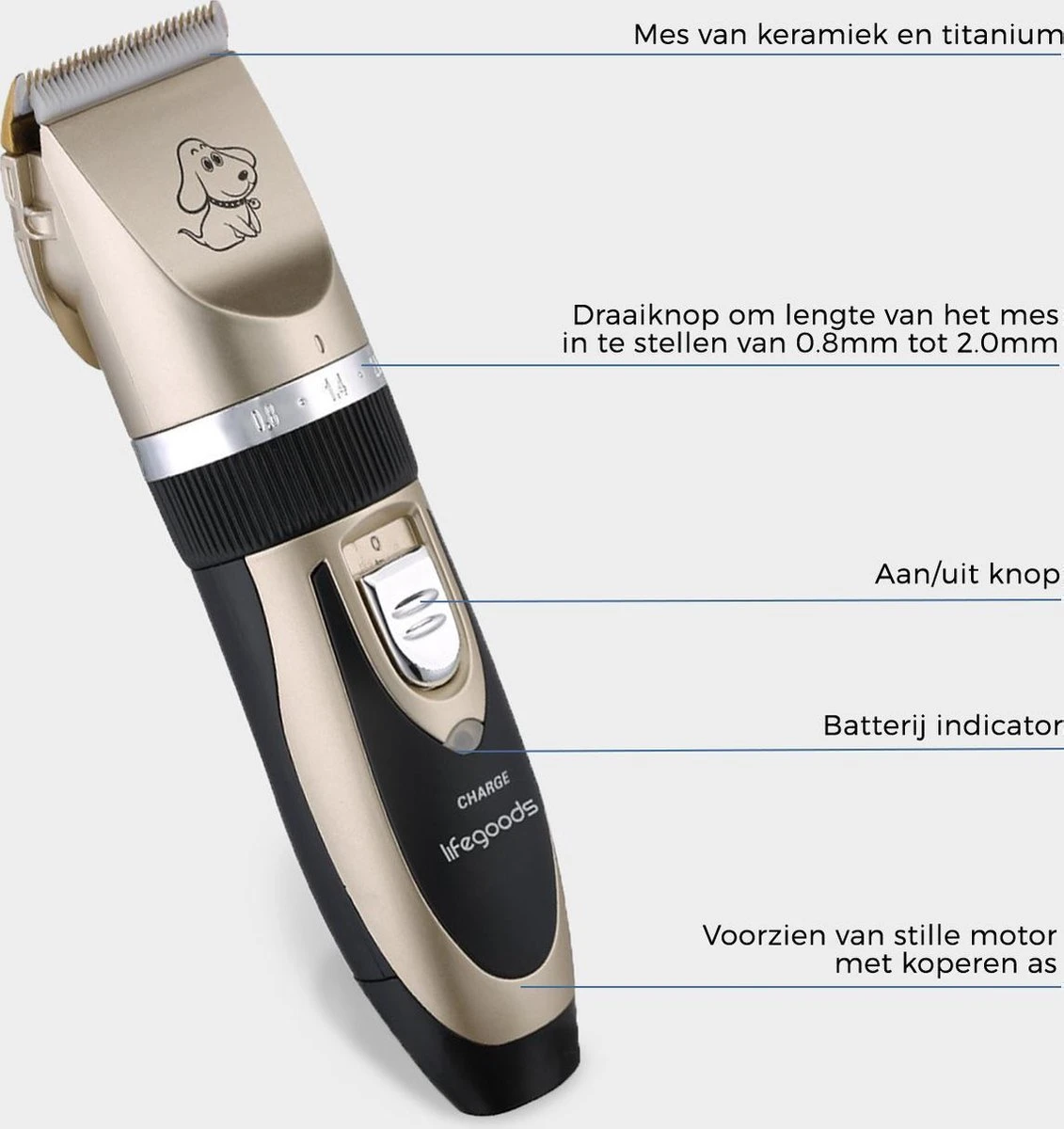 LifeGoods Hondentondeuse - Voor Katten En Honden - Complete Set - 5 Standen - Draadloos - Oplaadbaar - Goud/Zwart 10 LifeGoods Hondentondeuse - Voor Katten En Honden - Complete Set - 5 Standen - Draadloos - Oplaadbaar - Goud/Zwart - Afbeelding 8