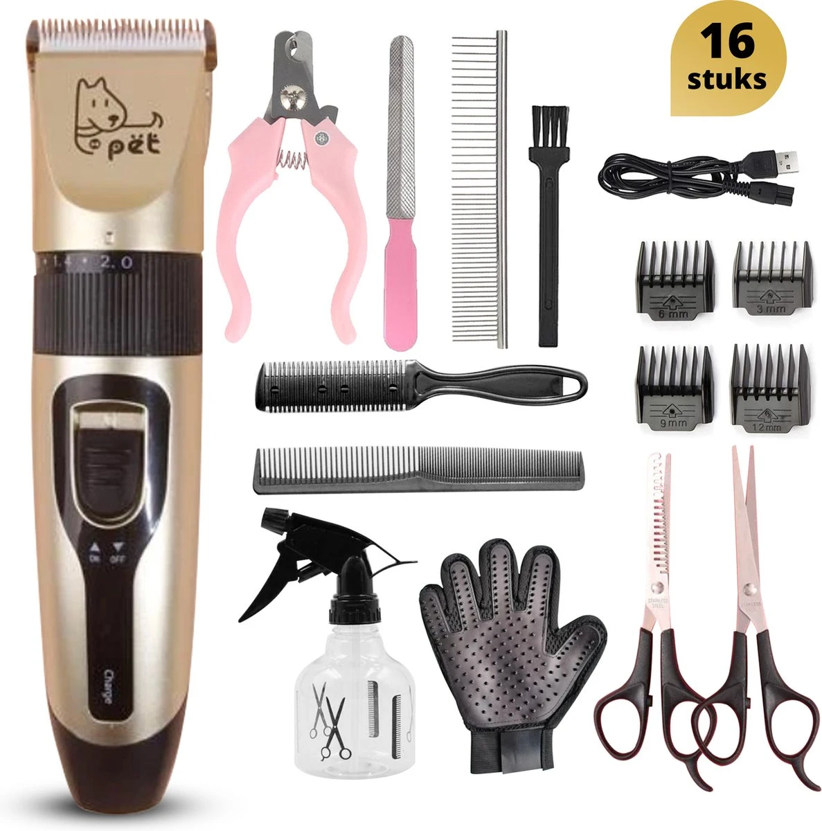 BeautyFit - 16-delig Hondentondeuse Set - Professionele Honden Trimset - Dieren Tondeuse Voor Dikke Vacht - Meest Complete Set - Inclusief 4 Opzetkammen - Hondenschaar - Mist Verstuiver - Handschoen Borstel - Nagelknipper 2 BeautyFit - 16-delig Hondentondeuse Set - Professionele Honden Trimset - Dieren Tondeuse Voor Dikke Vacht - Meest Complete Set - Inclusief 4 Opzetkammen - Hondenschaar - Mist Verstuiver - Handschoen Borstel - Nagelknipper