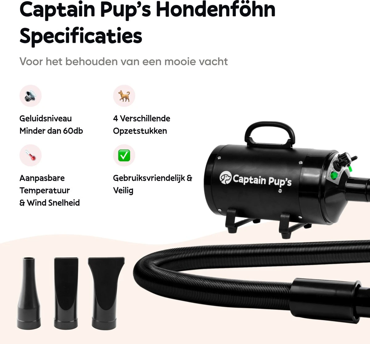 Captain Pup's Professionele Hondenföhn Met 4 Opzetstukken - Bijgeleverde Hondenborstel - Waterblazer Voor Honden - Zwart 5 Captain Pup's Professionele Hondenföhn Met 4 Opzetstukken - Bijgeleverde Hondenborstel - Waterblazer Voor Honden - Zwart - Afbeelding 3