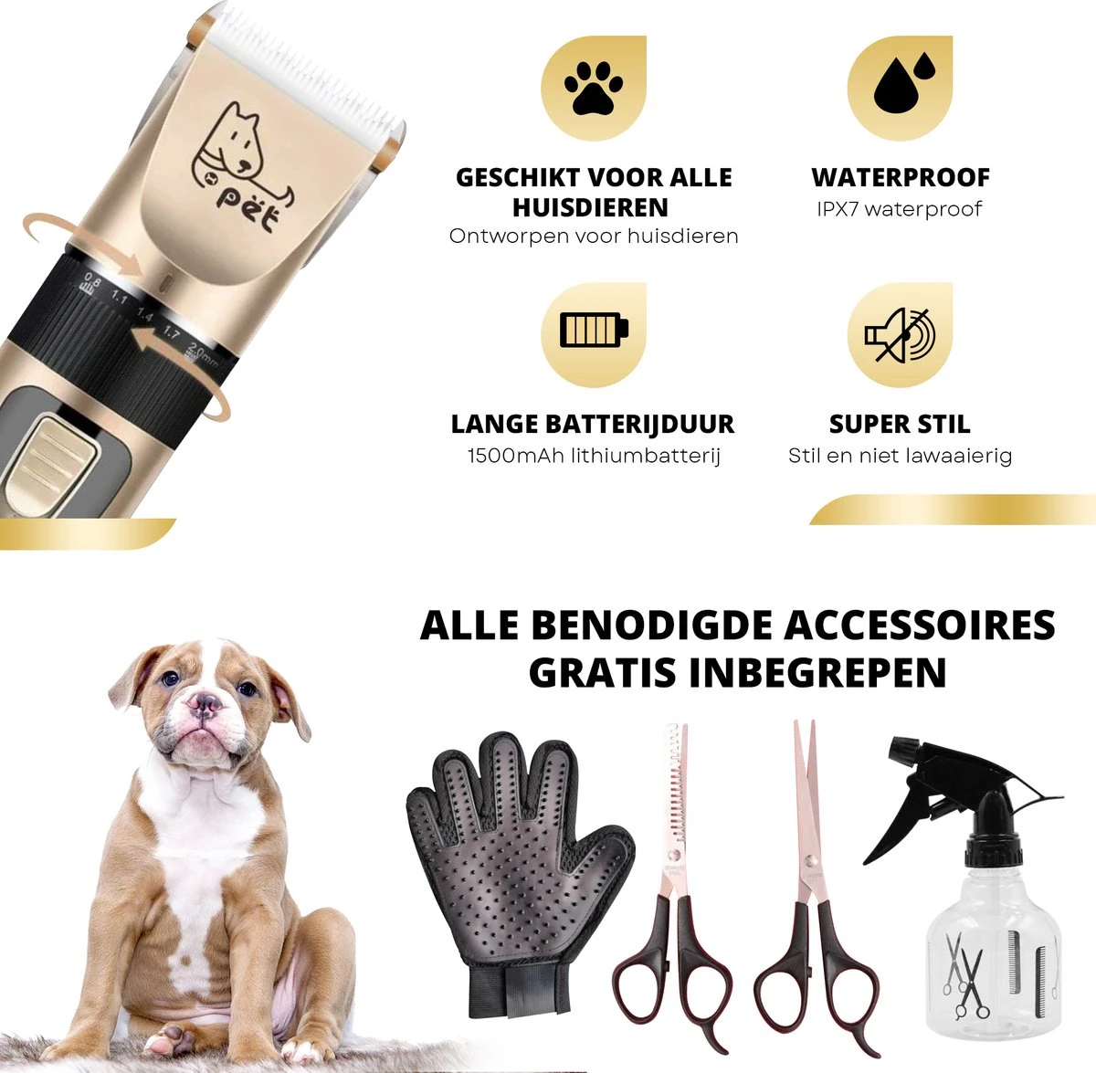 BeautyFit - 16-delig Hondentondeuse Set - Professionele Honden Trimset - Dieren Tondeuse Voor Dikke Vacht - Meest Complete Set - Inclusief 4 Opzetkammen - Hondenschaar - Mist Verstuiver - Handschoen Borstel - Nagelknipper 4 BeautyFit - 16-delig Hondentondeuse Set - Professionele Honden Trimset - Dieren Tondeuse Voor Dikke Vacht - Meest Complete Set - Inclusief 4 Opzetkammen - Hondenschaar - Mist Verstuiver - Handschoen Borstel - Nagelknipper - Afbeelding 3