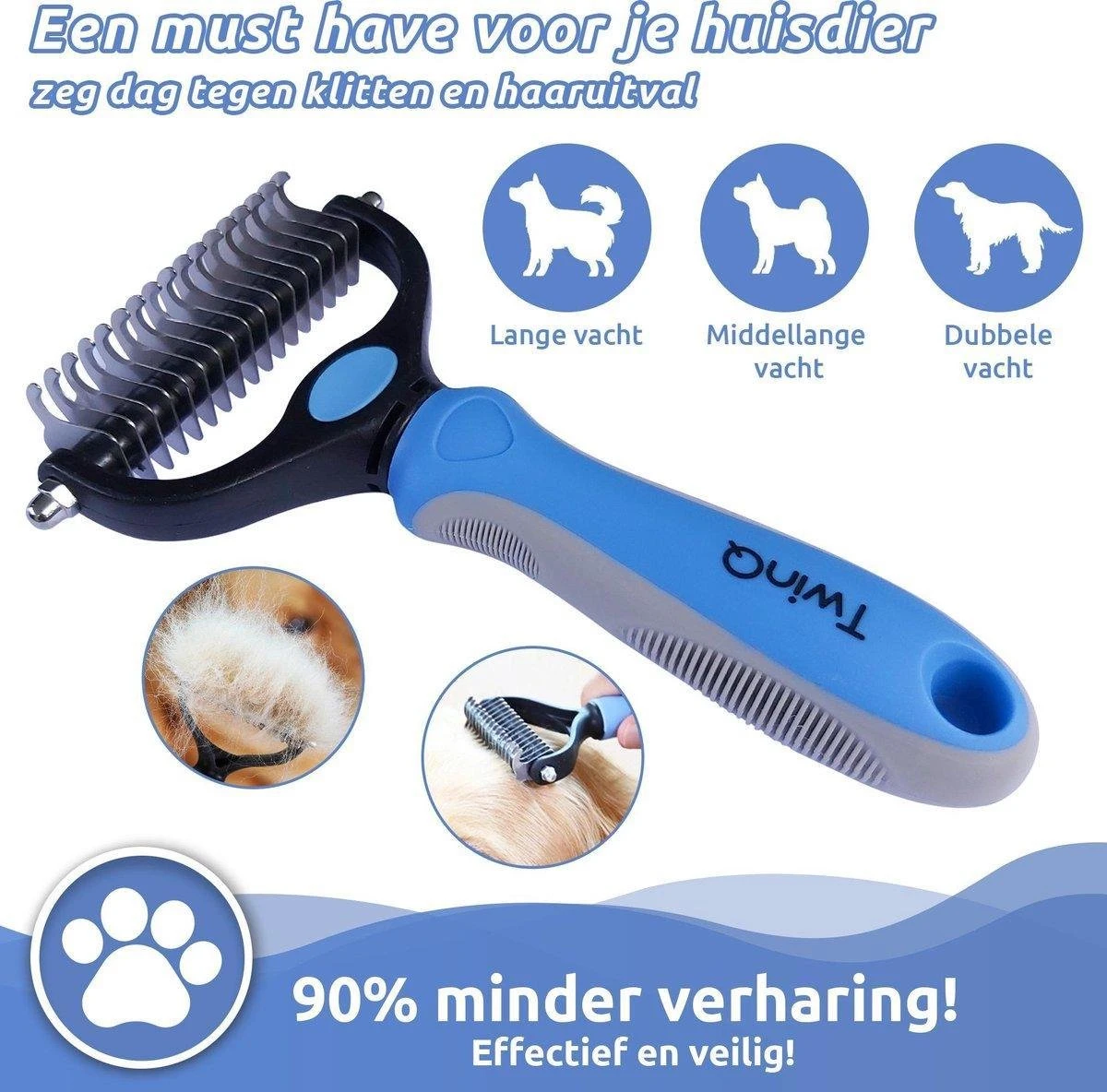 TwinQ Vachtverzorgingsset Hond/kat - Professionele 2-zijdige Ondervacht Kam - Klittenkam Voor Honden En Katten - Verwijderd Klitten En Voorkomt Haaruitval - Incl. Vlooienkam En Tandenborstel 6 TwinQ Vachtverzorgingsset Hond/kat - Professionele 2-zijdige Ondervacht Kam - Klittenkam Voor Honden En Katten - Verwijderd Klitten En Voorkomt Haaruitval - Incl. Vlooienkam En Tandenborstel - Afbeelding 4