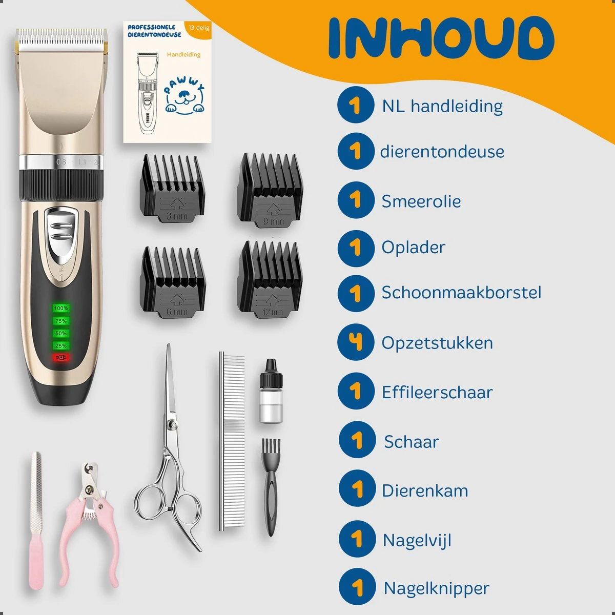 Pawwy Dieren Tondeuse Set Draadloos Voor Honden En Katten – Voor Dikke Vacht - Hondentondeuse – Hondentrimmer - Scheerapparaat - Goud 13 Pawwy Dieren Tondeuse Set Draadloos Voor Honden En Katten – Voor Dikke Vacht - Hondentondeuse – Hondentrimmer - Scheerapparaat - Goud - Afbeelding 11